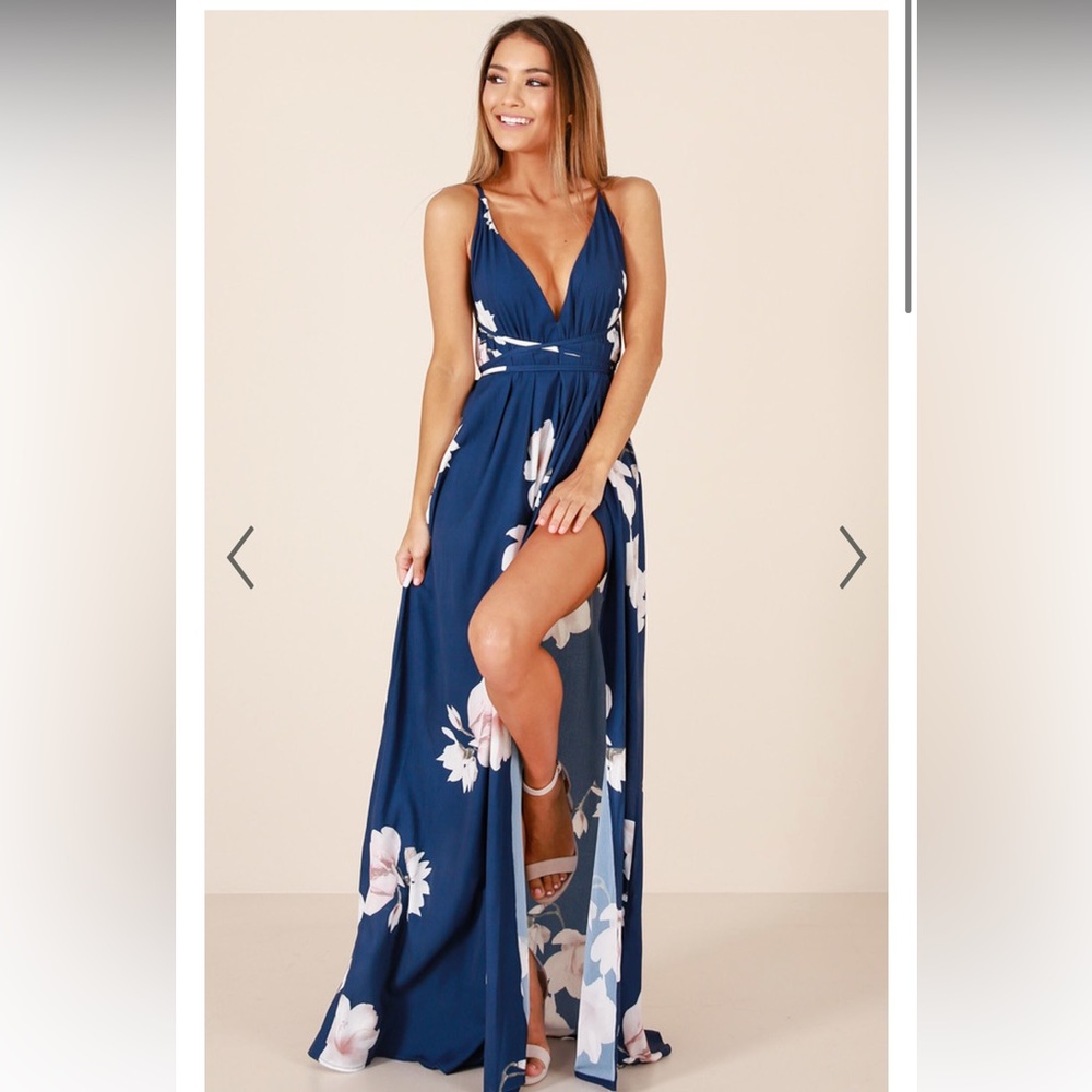 SHOWPO SHINE THROUGH MAXI DRESS IN NAVY FLORAL